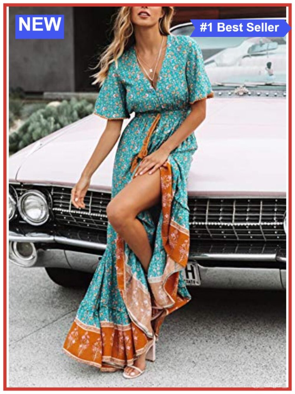 Womens Floral Print Boho Midi Dress V Neck Button Short Sleeve Rayon - Picture 3 of 6